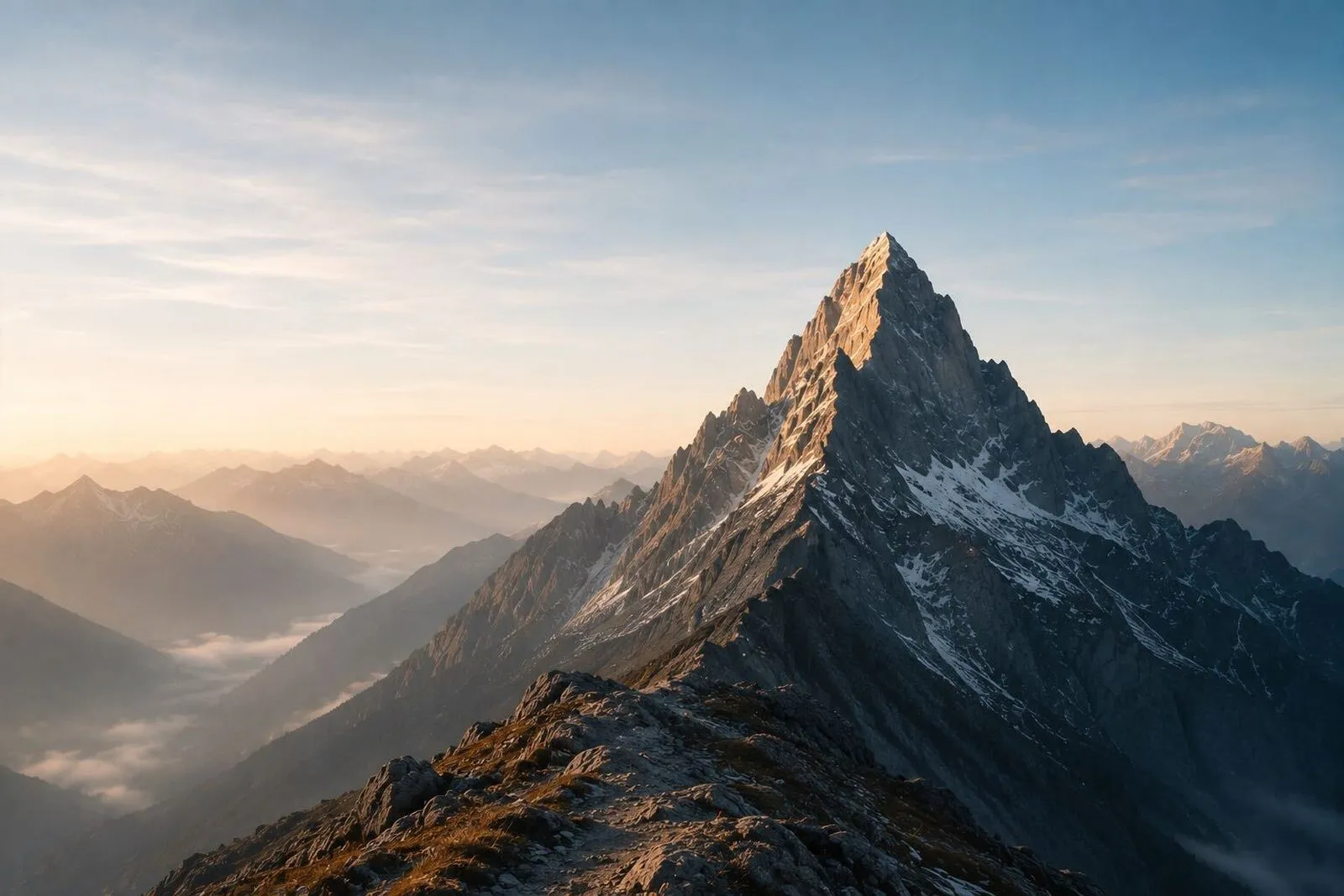A mountain peak catching first light above a valley of cloud