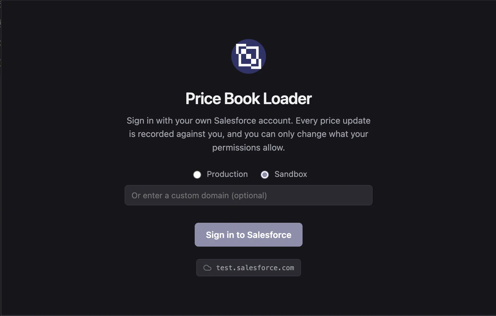 Price Book Loader desktop app: a sign-in screen for connecting a Salesforce account, with Production/Sandbox options